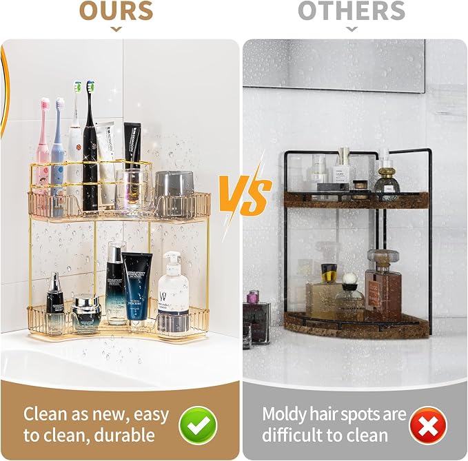 shuang qing Upgraded 2-Tier Corner Bathroom Countertop Organizer – Spacious Storage for Makeup, Skincare & Perfumes, Built-in Brush Holder Fits Vanity/Dresser/Bsthtub (Vintage Gold) - Image 4