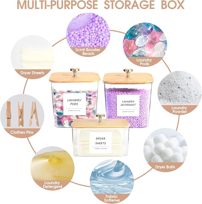 3 Pack Laundry Room Organization Storage Containers, Plastic Clear Laundry Pods Container & Dryer Sheet Holder Jars with Lids, Scoops & Labels for Detergent, Powder, Dryer Balls, Beads - Image 6