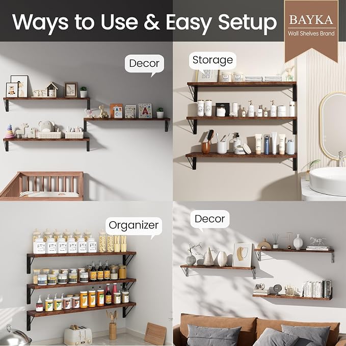 BAYKA Wall Shelves for Bedroom Decor, Wood, Rustic Brown, Set of 3, 36in - Image 4