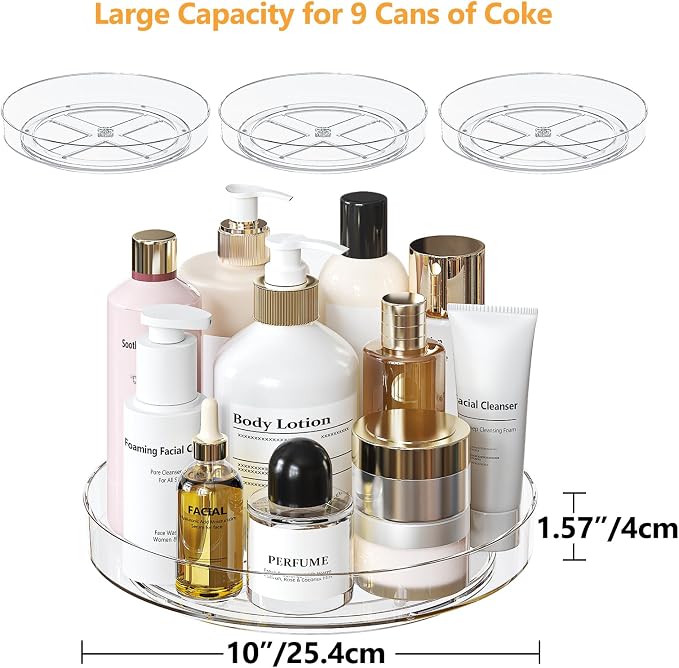 4 Pack 10 Inch Clear Lazy Susan Turntable Organizer for Cabinet, Non-Slip Acrylic Rotating Tray with Raised Edge, Spinning Spice Rack for Kitchen Pantry, Refrigerator, Vanity, Bathroom - Image 4