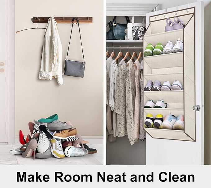 SLEEPING LAMB Over The Door Shoe Organizer for Closet with Large Deep Pockets, Narrow Shoe Rack for Door Hanging Boots Storage, Beige - Image 5