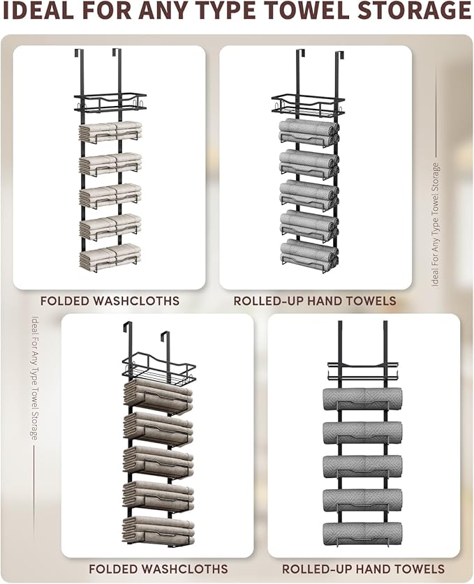 Aetyord Hanging Towel Racks for Bathroom No Drill - 6-Tier Over The Door Bath Towel Storage Organizer for Small Bathrooms - Tiered Back of Door Towel Holder Hanger for Rolled Towels RV Camper Black - Image 5