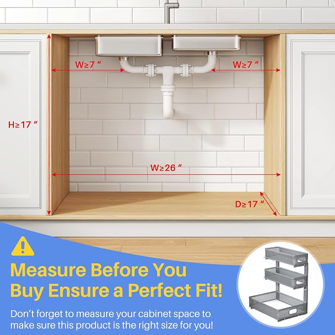 Under Sink Organizer, 3-Tier Thickened Metal Pull out Cabinet Organizer Shelf, Height Adjustable Slide out Storage Drawer Rack for Kitchen Bathroom Pantry Laundry Home Organization, 2-Pack, Grey - Image 2