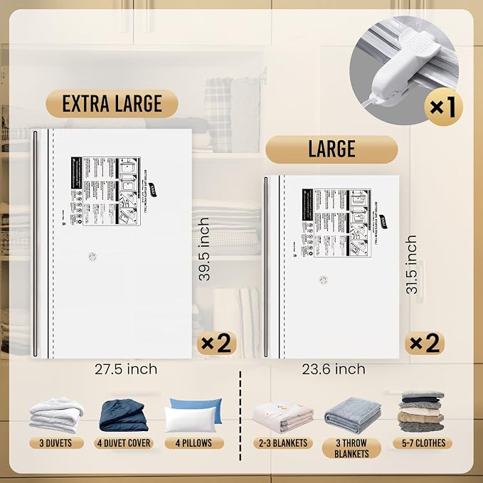 TAILI 4 Pack Vacuum Storage Bags, 2 Size Combo(2 Large+2 Jumbo), Clear - Image 3