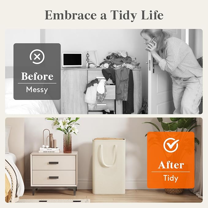 Lifewit Slim Collapsible Laundry Basket with Handles, 50L, Ivory - Image 6