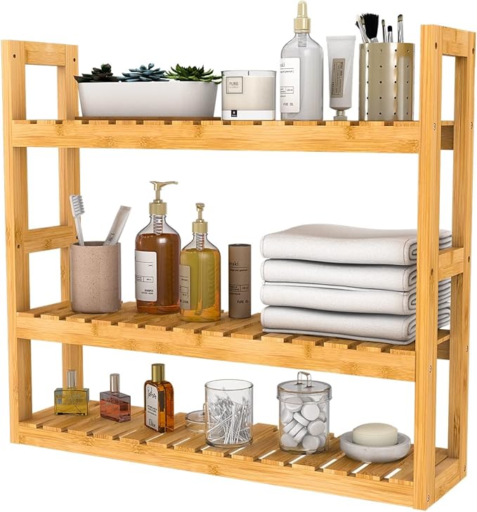 Domax Bamboo Bathroom Shelf 3-Tier Wall Mount Storage Rack Multifunctional Adjustable Layer Free Standing Over Toilet Utility Shelves Living Room Kitchen (Bamboo) by Domax