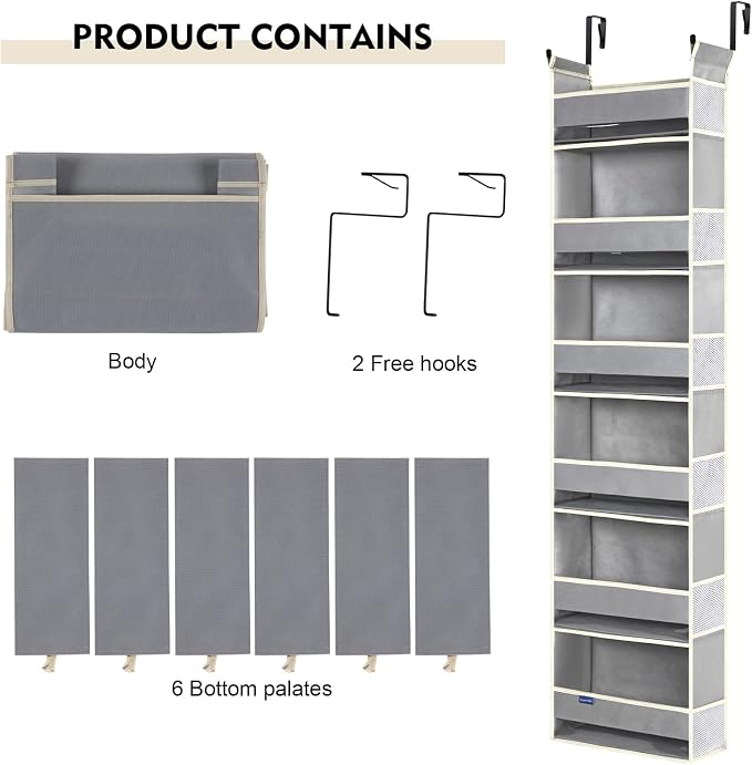 Over The Door Organizer 6-Shelves and 12 Side Pockets, Over The Door Storage for Bathroom Bedroom Nursery, Hanging Door Organizers for Baby Diapers and Kids Toys (13"x5"x54", Grey) - Image 7
