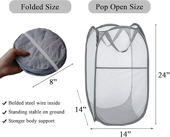 Larpur Popup Mesh Laundry Basket, Collapsible Laundry Hamper Portable Clothes Washing Laundry Hamper with Reinforced Carry Handles for Home, Dormitories, Travel, Apartments (Grey) - Image 2