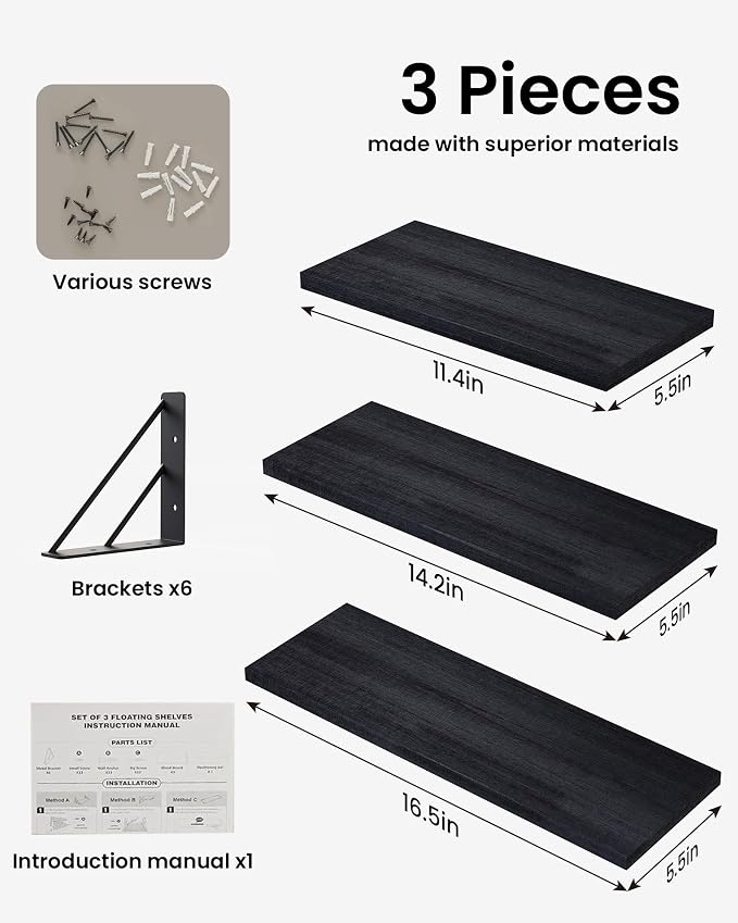 BAYKA Wall Mounted Floating Bathroom Shelves, Wood, Black, Set of 3, 16in - Image 8