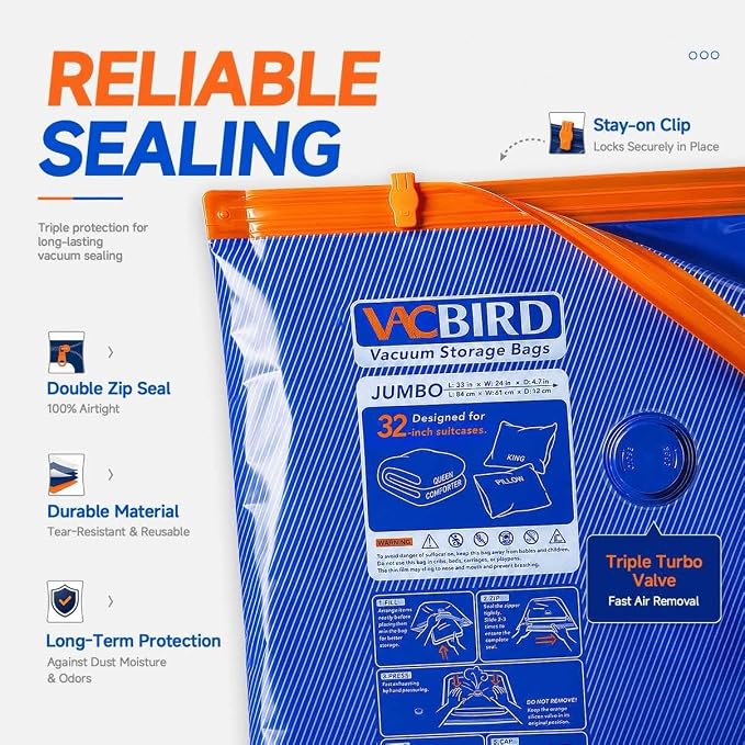 Vacbird Vacuum Storage Bags Jumbo with Pump for Clothes & Bedding,18 Pcak - Image 5