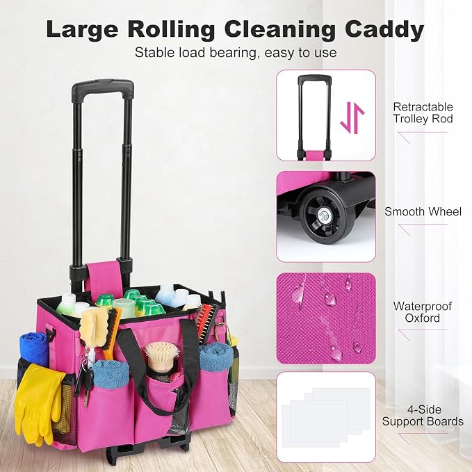 Housolution Rolling Cleaning Caddy Bag with Wheels, Rose Red - Image 2