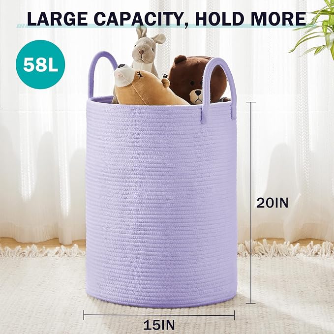YOUDENOVA Cotton Rope Laundry Hamper Basket, 58L Blanket Basket for Nursery - Image 3