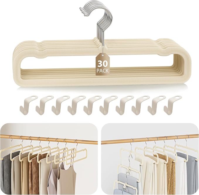Velvet Felt Pants Hangers 30 Pack, with Cascading Hooks (Ivory) by UEAKPIC