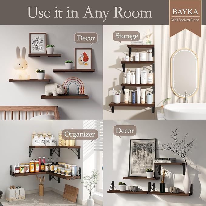 BAYKA Floating Shelves for Wall, Wood, Dark Brown, Set of 4, 16in - Image 4