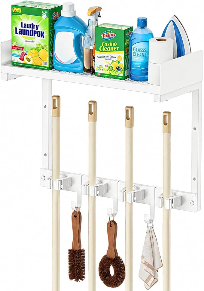 Mop Broom Holder Wall Mount with Top Shelf, Broom Organizer Wall Mount by HUFAND