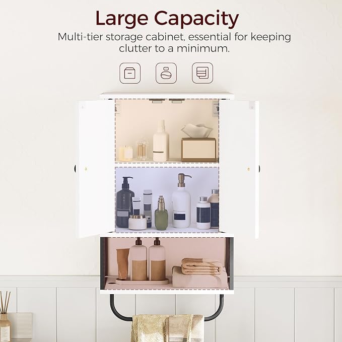 MAHANCRIS Bathroom Wall Cabinet with 2 Door and Adjustable Shelf, Farmhouse Medicine Cabinet with Towel Rack, 3-Tier Wall Mounted Storage Cabinet Over The Toilet for Bathroom Laundry Room, White - Image 4