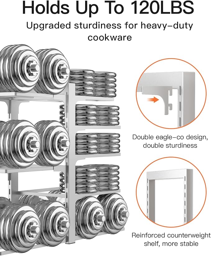 ORDORA Pots and Pans Organizer Under Cabinet 15.8" 8-Tier Adjustable Silver - Image 6