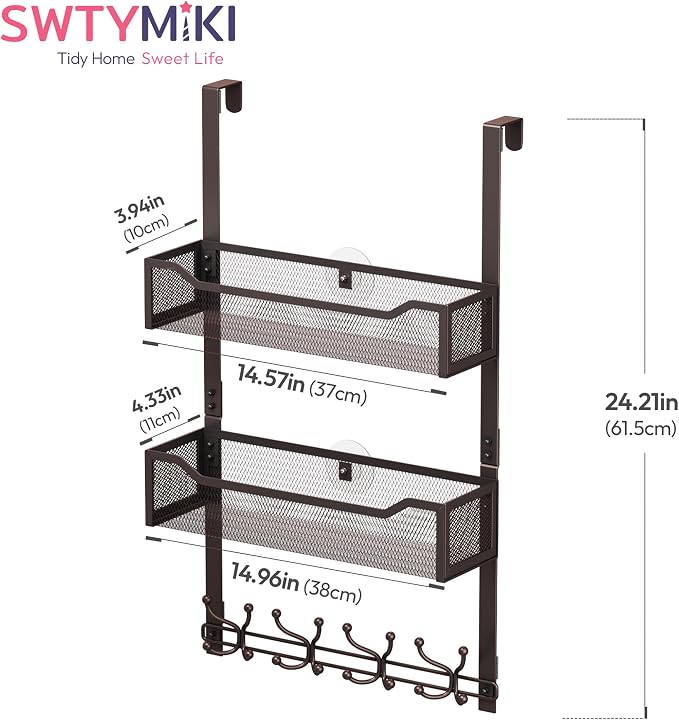 SWTYMIKI Over The Door Hooks Organizer - Multi-Functional Door Hanger with 16 Hooks & 2 Mesh Baskets, Long Coat Rack for Bathroom, Bedroom, Living Room, Home Storage Organizer, Bronze - Image 7