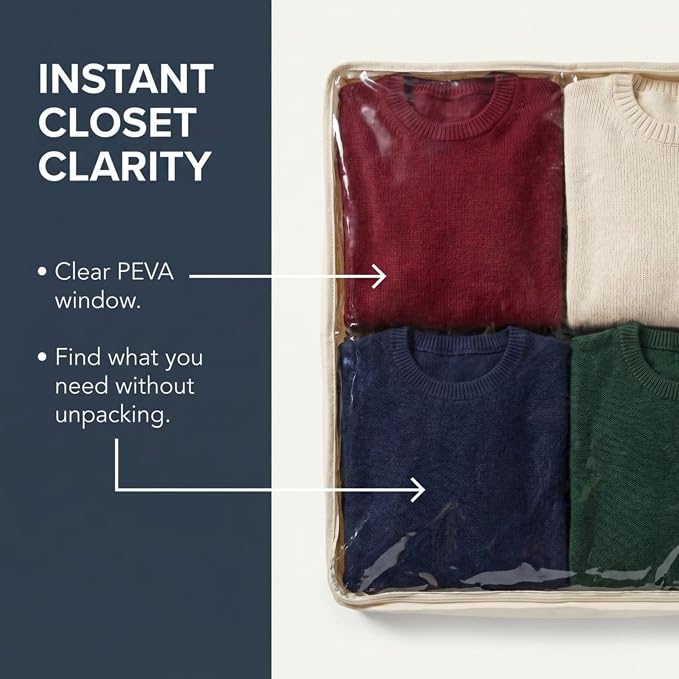Household Essentials Canvas Sweater Storage Bags 2 Pack, Breathable Under Bed & Closet Organizer with Clear Window & Zipper, Soft-Sided Storage for Sweaters, Blankets & Linens - Image 4