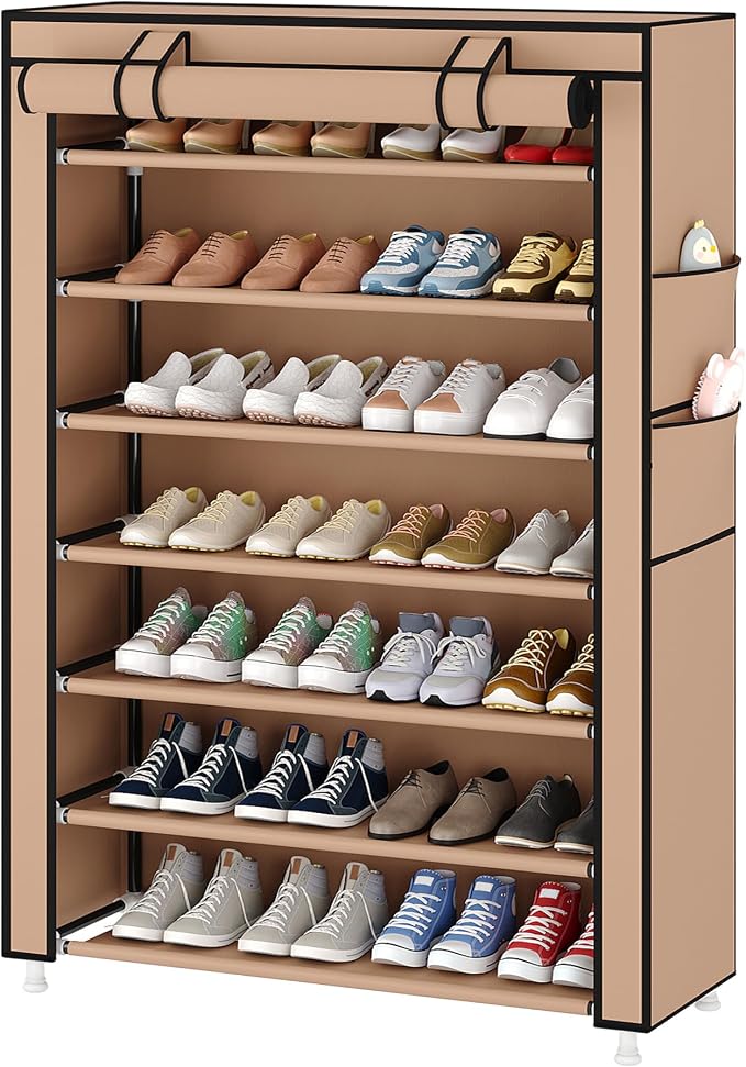 Laiensia 7-Tier Vertical Shoe Rack Organizer, Space Saving Shoe Storage Organizer, Non-Woven Cover Shoe Shelf Holds 28-35 Pairs for Bedroom, Hallway, Closet Entryway, Brown by Laiensia