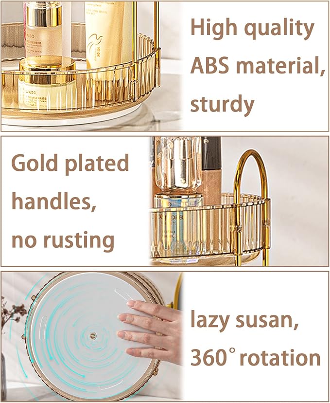 shuang qing Rotating Makeup Organizer for Vanity, High-Capacity Skincare Clear Make Up Storage Perfume Organizers Cosmetic Dresser Organizer Countertop 360 Spinning (Gold, 2 Tier) - Image 3
