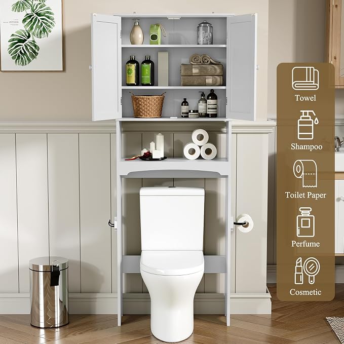 HLR Over The Toilet Storage Cabinet with Gold Trim, Over Toilet Bathroom Organizer with Adjustable Shelves and Toilet Paper Holder, Above Toilet Storage Cabinet Spacesaver for Bathroom(White) - Image 5