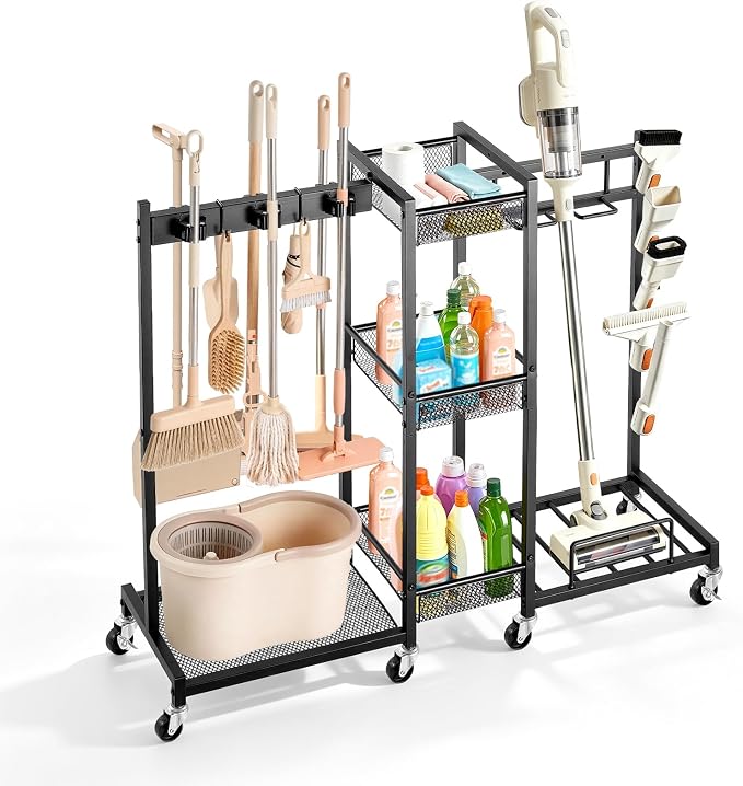 VEVOR Broom Holder with Cleaning Supplies Organizer, Metal Garage Storage by VEVOR