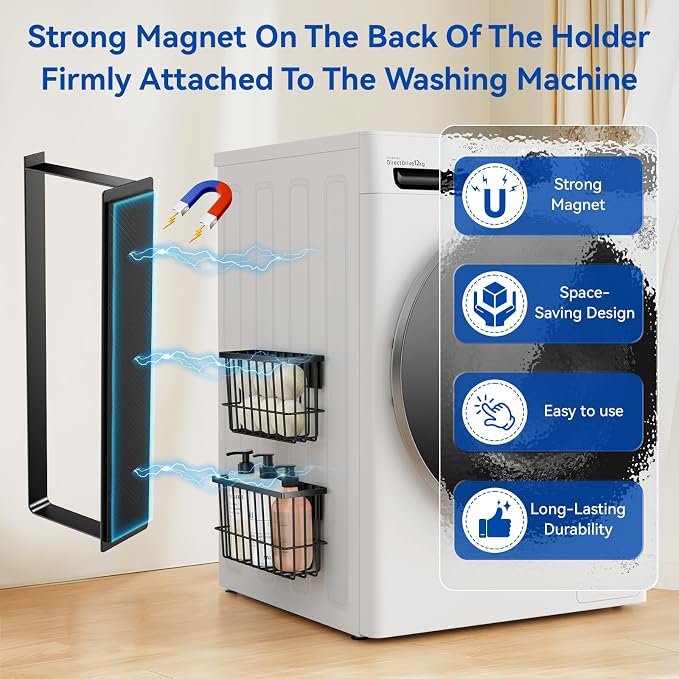 Laundry Room Organization and Storage Magnetic Dryer Ball Holder with Magnetic Hanger Holder, Magnetic Lint Bin for Washer Dryer, Iron Basket Dryer Ball Container, Magnetic Laundry Organizer (Black) - Image 2
