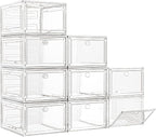 Large Thick Clear Shoe Organizer, Magnetic Door Stackable Shoe Storage Box | Foldable Shoe Storage Boxes for Sneakers & Boots, Space-Saving Closet Shoe Cabinet with Clear Magnetic Door, 9 Pack White by 7+code