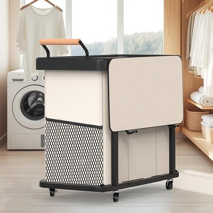 Rolling Laundry Hamper with Wheels,Laundry Hamper 3 Section with Lid Beige - Image 7