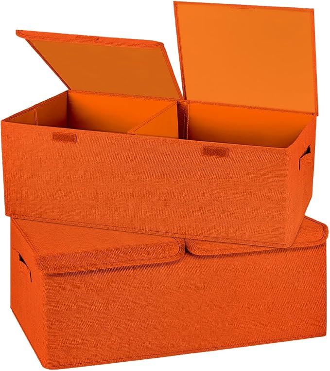 2 Pack Large Storage Boxes with Lids and Handles, Collapsible Linen Storage Bins Organizer Containers Baskets Cube with Removable Divider for Home Bedroom Closet Office (Orange, Small) by Unknown