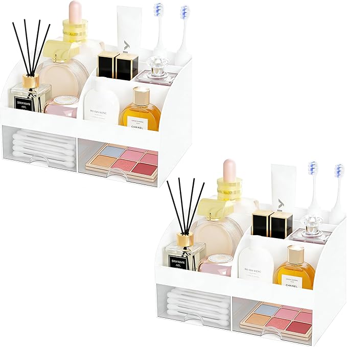 Makeup Organizer with 2 Drawers, Cosmetic Storage for Dresser Vanity and Bathroom Countertop,Make up organization and Skincare Storage with Beauty Brush Holder, Cosmetic Display Case 2Pcs White by DIRZHX