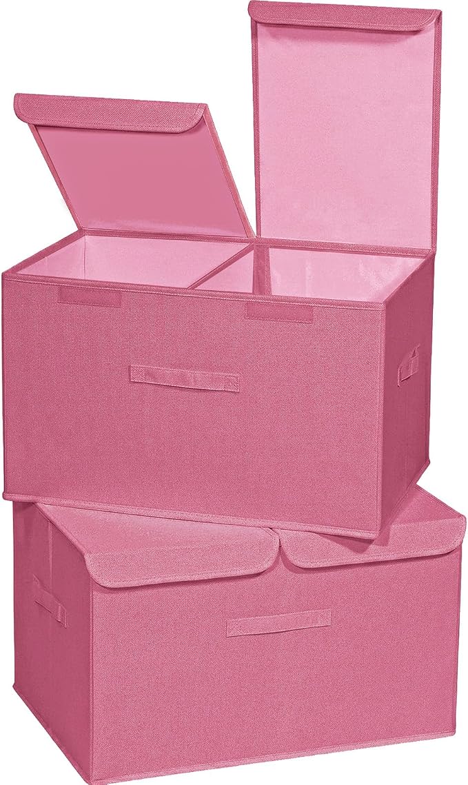 2 Pack Storage Boxes with Lids and Handles, Collapsible Linen Storage Bins Organizer Containers Baskets Cube with Removable Divider for Home Bedroom Closet Office (Pink, XL) by Unknown