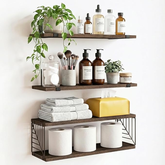 Fixwal 3+1 Tier Bathroom Floating Shelves Over Toilet, Dark Brown by Fixwal