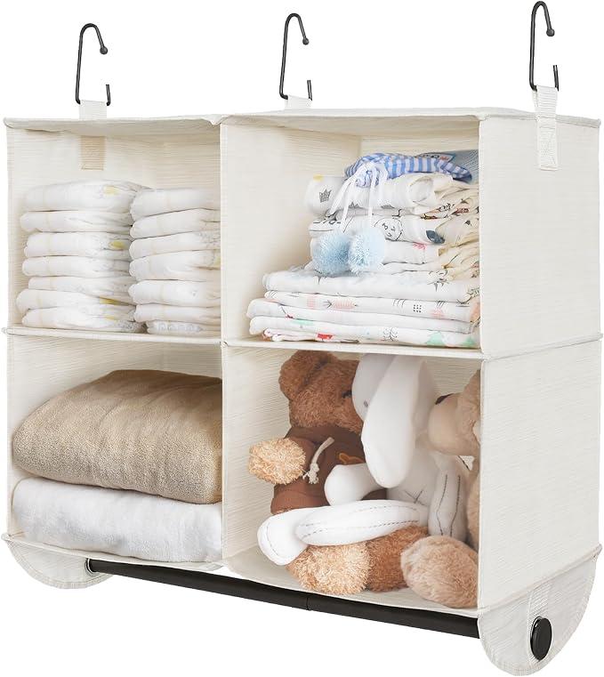 StorageWorks Hanging Closet Organizer with Rod, 4 Sections, 2 Tiers, White | Maximize Closet Space with 4 Open Sections and Built-in Rod for Hanging Clothes Below by StorageWorks