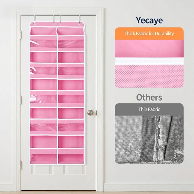 Yecaye 5 Tier Over The Door Organizer, 10 Compartments Large Door Storage | 20" W, Extra Large Behind Door Storage With 12 Side Pockets, 80lbs Heavy Duty, Clear Window, for Closet Bedroom Pantry, Pink - Image 4