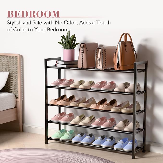 Bumusty 5 Tier Expandable Shoe Rack for Closet, Black | 18"-33" Adjustable Shoe Rack for Entryway, Small Shoe Organizer for Dorm, Front Door, Sturdy Metal - Image 6
