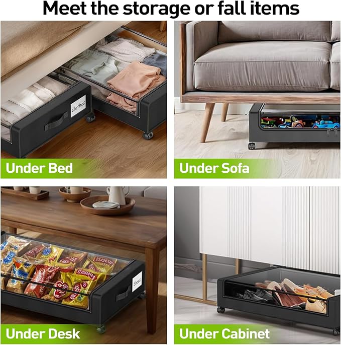 APSARAS USA Under Bed Storage with Wheels, Underbed Storage with Wheels and Clear Window, Rolling Drawers & Bins for Shoes Clothes in Dorm Bedroom, Easy Pull-out Black 2-Pack- Space-Saving - Image 7