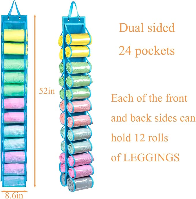 Legging Storage Bag Storage Hanger Can Holds 24 Leggings or Shirts Jeans Compartment Storage Hanger, Foldable Leggings Organizer Clothes Portable Closets Roll Holder (Blue) - Image 2