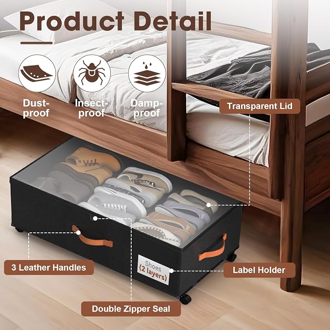 Eastherry Under Bed Storage Containers with Wheels, 9.5 inches Higher Underbed Shoes Blankets Clothes Toy Storage Drawers for College Dorms Bedrooms Nursery Rooms Organization, 2 Pack to be Assembled - Image 5