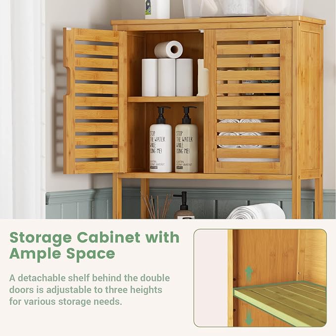 VIAGDO Over The Toilet Storage Cabinet, Tall Bathroom Cabinet Organizer with Cupboard and Adjustable Shelves, Freestanding Toilet Shelf Space Saver Rack Stand for Laundry Room, Balcony, Bamboo - Image 8