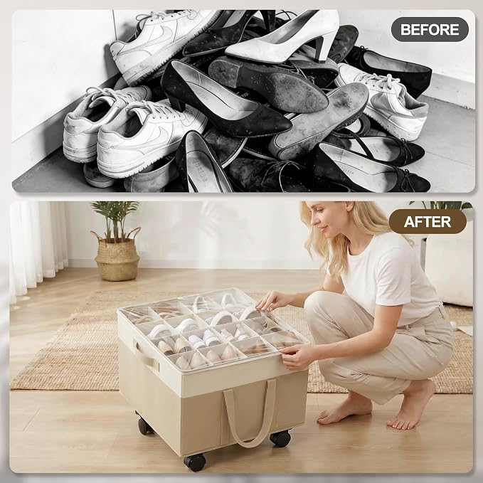 2 Pack Large Shoe Organizer for Closet, 32 Pairs Shoe Storage Box Beige - Image 7