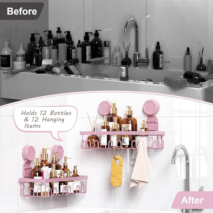 JOTPE Pink Suction Cup Shower Caddy, 2 Pack Bathroom Organizer with Hooks - Image 5