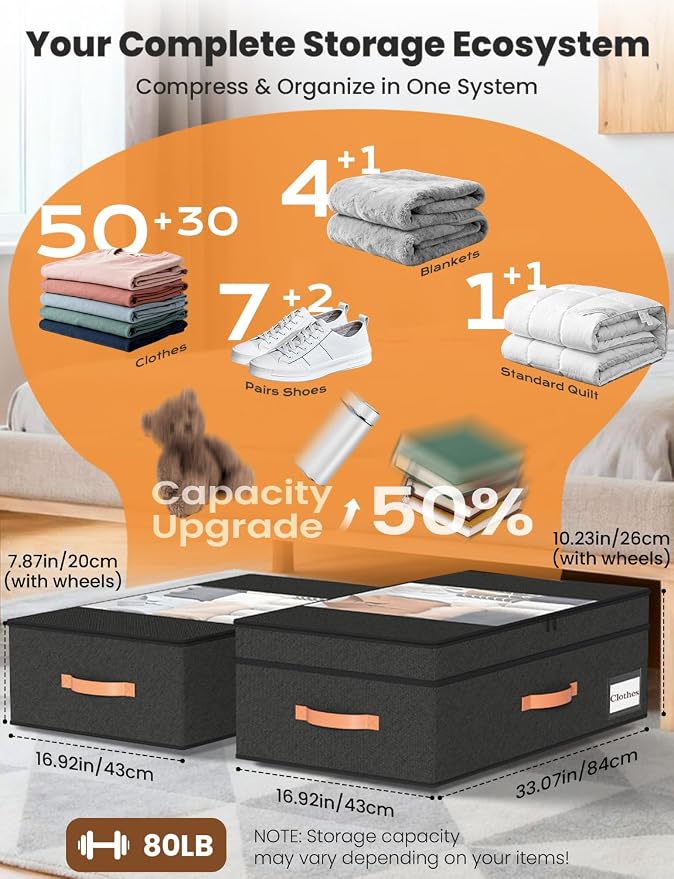 TOSKING 2-Pack Under Bed Storage Drawers with Wheels, 6 Vacuum Bags, Adjustable Height 7.9-10.2", Large 90L/80 lbs Clear Lid, 900D Oxford, Space Saver for Dorm Bedroom, Blankets, Clothes, Shoes, Black - Image 4