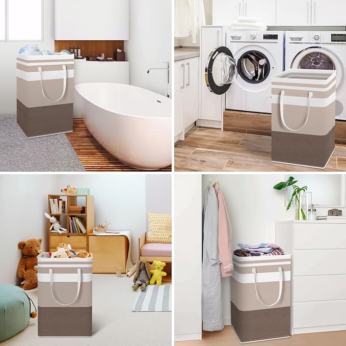 HomeHacks 2 Pack Large Laundry Baskets, Laundry Hampers Bags (Khaki 88Lx2) | Waterproof, Freestanding, Collapsible Clothes Hamper with Reinforced Handles in Laundry Room, Dorm, Bathroom, Bedroom - Image 6