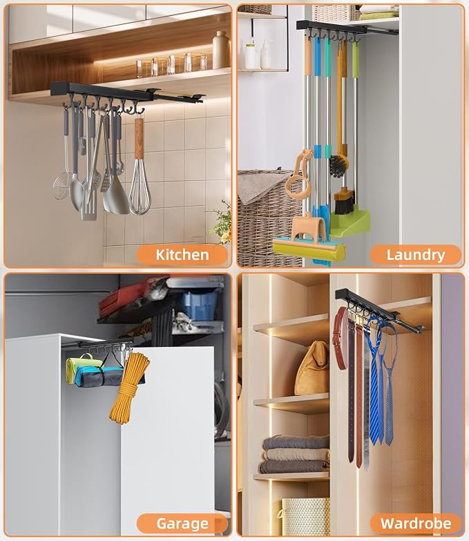 Pull Out Broom Holder With Adjustable Double Row Sliding Hook-Black 14.2IN - Image 6