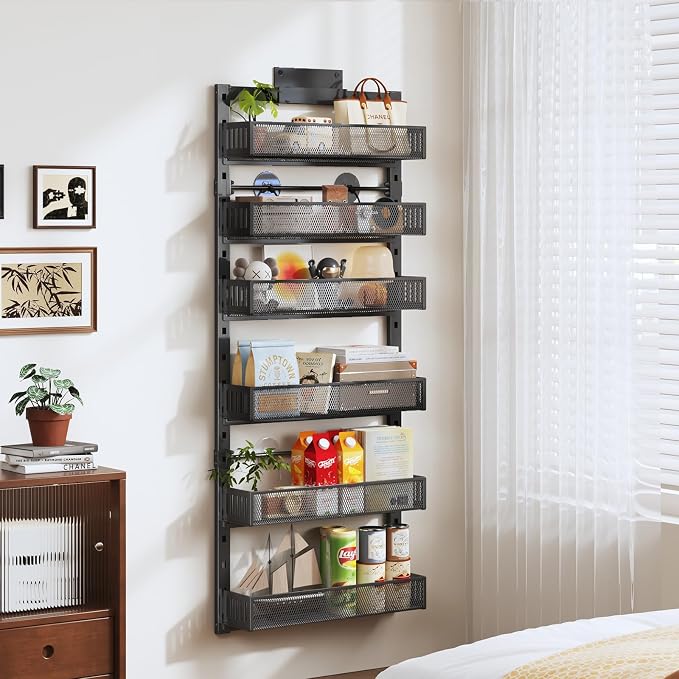 Pantry Door Organizers and Storage, 6-Tier Large Metal Heavy-Duty Frame Over the Door Spice Rack, 2 in 1 Wall-Mounted or Hanging shelf for Kitchen, Bathroom, Laundry Room, Bedroom, Closet &Nursery - Image 5