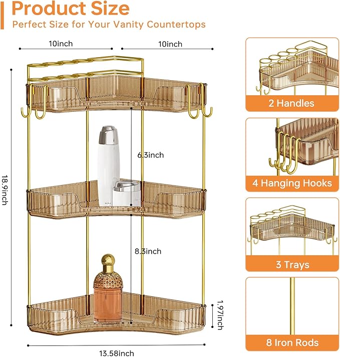 3-Tier Corner Bathroom Counter Organizer，Makeup & Skincare Shelf with Built-in Brush Holder，Space-Saving Bathroom Countertop Organizer for Skincare, Perfume, Cosmetics(Amber) - Image 2