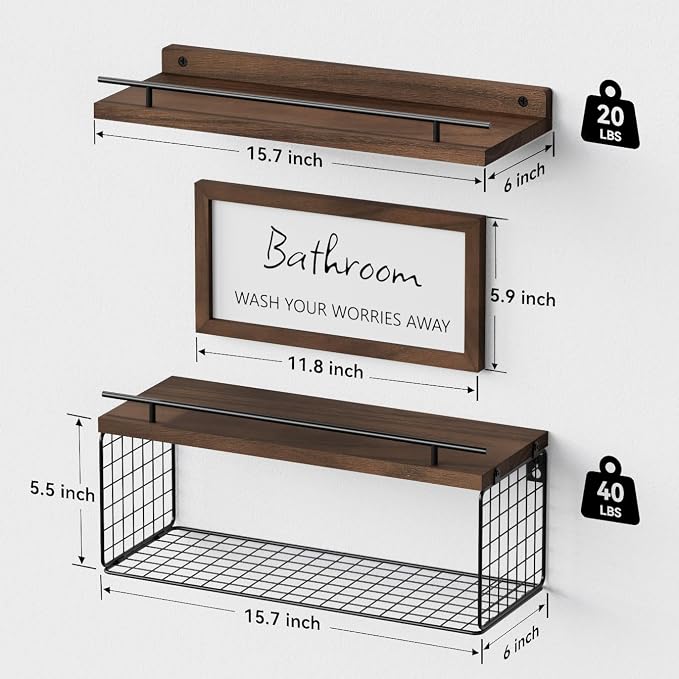 WOPITUES Floating Shelves for Bathroom Decor Art, Rustic Brown - Image 3