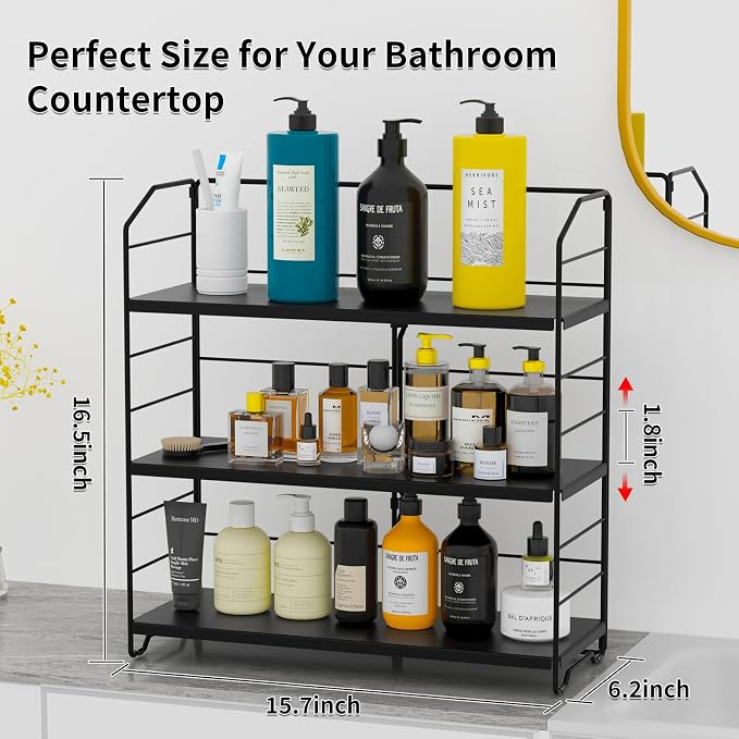 BOIVSHI Bathroom Countertop Organizer, 3-Tier Bathroom Counter Organizer, 8-Levels Height Adjustable, Bathroom Organizer for Kitchen, Pantry, Livingroom, Offices Storage, Metal Black - Image 3